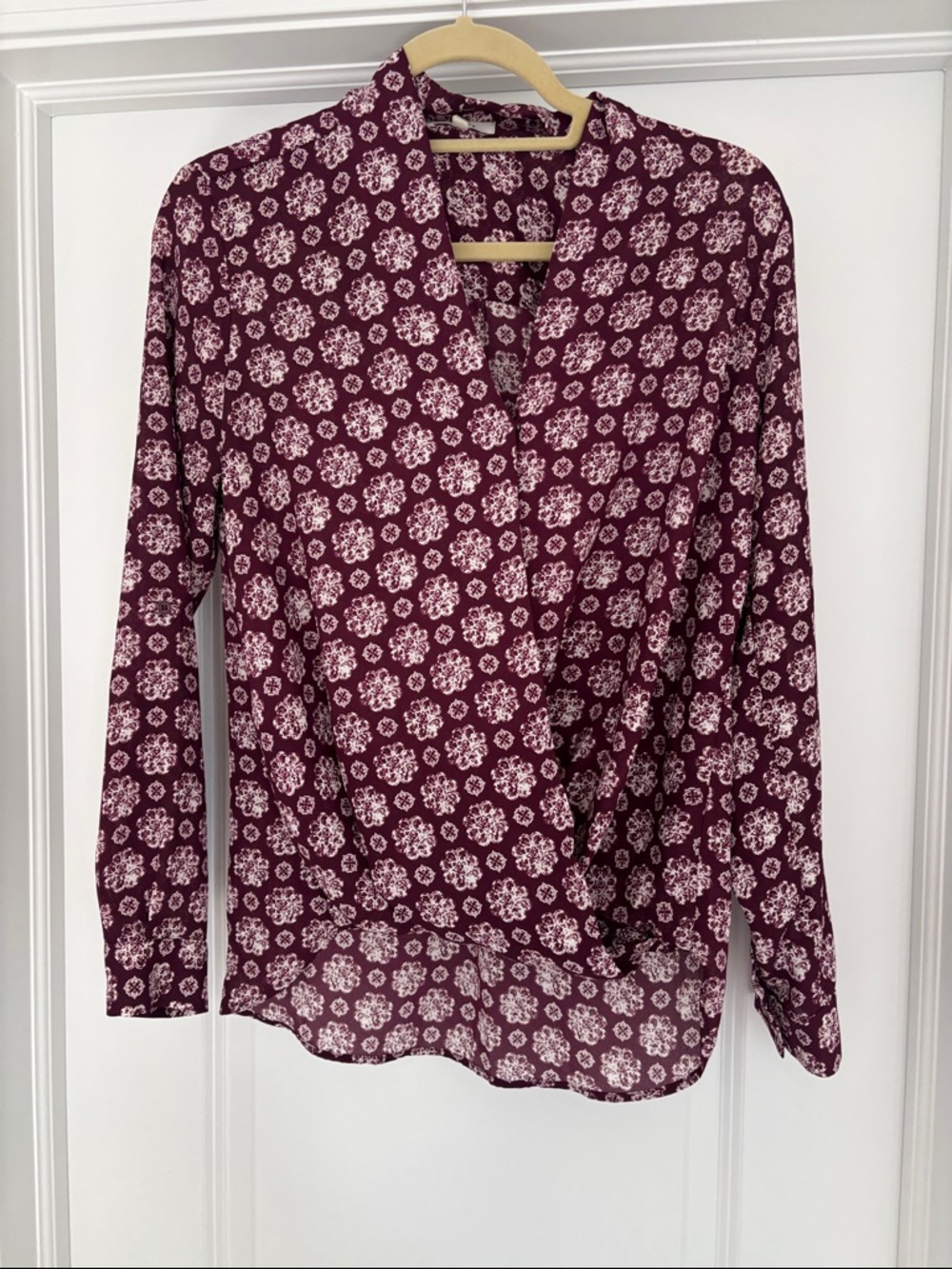 Pleione Burgundy Floral Wrap-Style Blouse